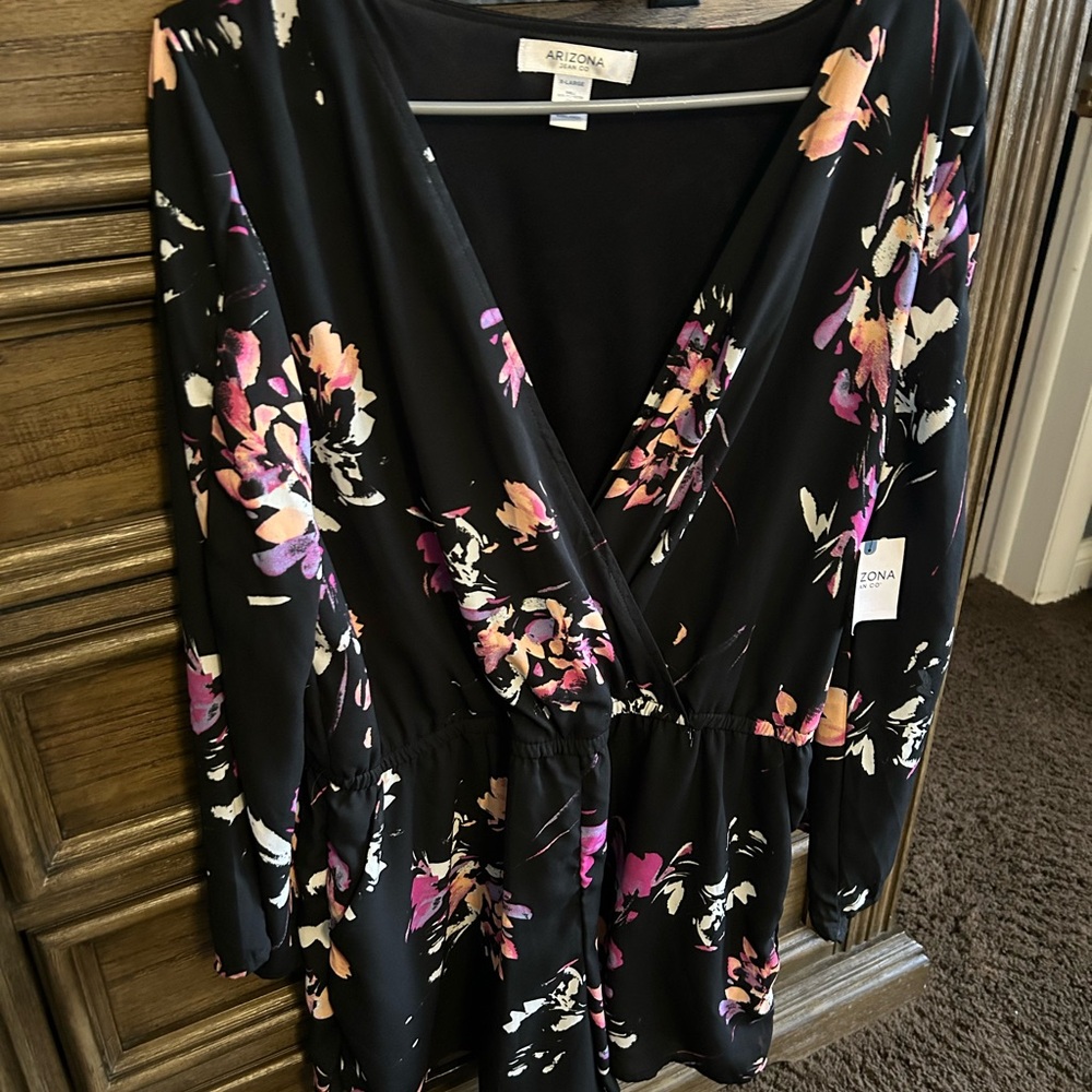 Arizona Jean Company Black and Pink Floral Shorts/Long Sleeve Romper